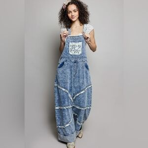 158 POL Blue Denim Overalls with Lace Detail